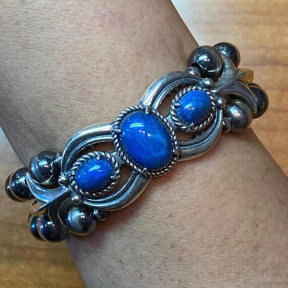 Carolyn Pollack Sterling Navajo Pearl Bead 3 Denim Lapis Link Bracelet For Women - Picture 1 of 10